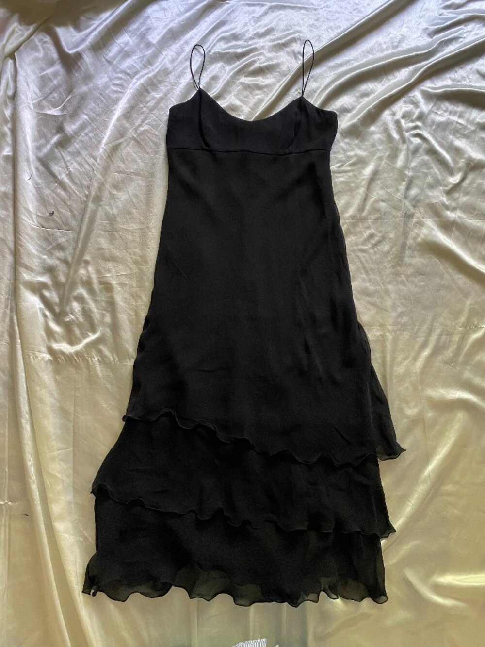 Vintage y2k Black 100% Silk Ruffle Slip Dress Fairy Midi Size 2 Ann Taylor